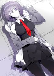 Rule 34 | 1girl, black dress, black pantyhose, cowboy shot, dress, fate/grand order, fate (series), from above, grey jacket, hair over one eye, highres, holding, holding own hair, jacket, kuso bba, looking at viewer, lying, mash kyrielight, necktie, on back, open clothes, open jacket, pantyhose, pleated dress, purple eyes, purple hair, red necktie, short dress, short hair, sleeveless, sleeveless dress, solo, unzipped