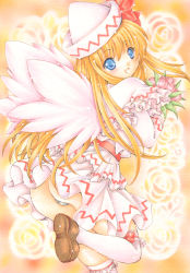 Rule 34 | 1girl, :d, ass, bad id, bad pixiv id, blonde hair, blue eyes, blush, bow, capelet, dress, floralia, flower, frills, from behind, hat, hat bow, holding, holding flower, lily white, long hair, looking at viewer, looking back, marker (medium), open mouth, panties, pantyshot, satsuki (gogotaru), shoes, smile, thighhighs, touhou, traditional media, underwear, white dress, white thighhighs, wings