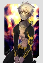 Rule 34 | 1boy, agen chiita, corruption, cropped jacket, emiya alter, fate/grand order, fate (series), fire, heterochromia, looking to the side, male focus, own hands together, sitting, smile, solo, twitter, twitter username, white hair, yellow eyes