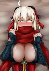 Rule 34 | 1girl, ahoge, areola slip, arm guards, black bow, blush, board game, bow, breasts, cleavage, cleavage cutout, clothing cutout, covered mouth, dark-skinned female, dark skin, embarrassed, fate/grand order, fate (series), from above, go (board game), hair between eyes, hair bow, highres, indoors, koha-ace, large breasts, looking at viewer, nagishy, no bra, okita souji (fate), okita souji (koha-ace), okita souji alter (fate), okita souji alter (first ascension) (fate), red scarf, scarf, solo, white hair, yellow eyes