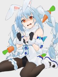 Rule 34 | 1girl, @ @, animal ear fluff, animal ears, arm garter, black gloves, black leotard, black pantyhose, blue hair, bow, braid, breasts, carrot hair ornament, commentary, don-chan (usada pekora), dress, ears down, food-themed hair ornament, full body, fur-trimmed dress, fur-trimmed gloves, fur scarf, fur trim, furrowed brow, gloves, gotou (nekocat), grey background, hair ornament, hair ribbon, hololive, leotard, light blue hair, long hair, multicolored hair, open mouth, pantyhose, pom pom (clothes), rabbit ears, rabbit girl, rabbit tail, ribbon, shaded face, shoes, simple background, sitting, small breasts, solo, strapless, strapless dress, streaked hair, sweatdrop, symbol-only commentary, tail, thick eyebrows, thigh strap, tress ribbon, twin braids, twintails, two-tone hair, usada pekora, usada pekora (1st costume), virtual youtuber, wariza, wavy mouth, white bow, white dress, white footwear, white hair