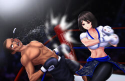 1boy 1girl akaba_(user_fptu3387) boxing boxing_gloves boxing_ring breasts commission fighting jewelry large_breasts mixed-sex_combat ring tagme