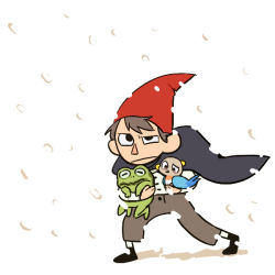 Rule 34 | 1boy, 1girl, animal, beatrice (over the garden wall), bird, black eyes, cape, carrying, frog, hat, looking away, over the garden wall, pants, short hair, simple background, snow, snowing, tsunoji, walking, white background, wirt (over the garden wall)