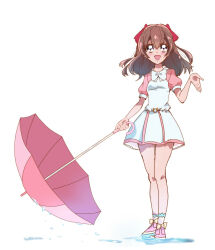 Rule 34 | 1girl, blush, bow, bowtie, brown eyes, brown hair, commentary, cosplay, delicious party precure, dress, full body, hair bow, hair ribbon, hand up, haru (nature life), highres, hirogaru sky! precure, holding, holding umbrella, long hair, looking at viewer, nagomi yui, nijigaoka mashiro, nijigaoka mashiro (cosplay), open mouth, pink dress, pink footwear, pink shirt, pink umbrella, precure, puffy short sleeves, puffy sleeves, red bow, red ribbon, revision, ribbon, sailor collar, shirt, shoes, short sleeves, simple background, smile, socks, solo, standing, two side up, umbrella, water, white background, white bow, white bowtie, white dress, white sailor collar, white socks, yellow bow