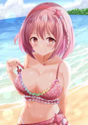 Rule 34 | 1girl, beach, bikini, blue sky, blush, braid, breasts, brown eyes, cleavage, closed mouth, cloud, cloudy sky, collarbone, commentary request, day, frilled bikini, frills, hair between eyes, hairband, hand up, highres, horizon, hoshizaki akari, jewelry, large breasts, navel, ocean, ongeki, outdoors, pendant, pink bikini, pink hair, polka dot, polka dot bikini, pulled by self, red hairband, sand, sky, smile, solo, star (symbol), strap pull, swimsuit, water, xenon (for achieve)