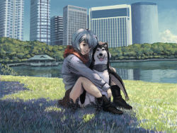 Rule 34 | 1girl, ayanami rei, bird, blue hair, chimera, city, cosplay, derivative work, dog, evokid, lake, looking at viewer, neon genesis evangelion, outdoors, parody, penguin, penpen, penpen (cosplay), red eyes, short hair, smile, solo, what, when you see it