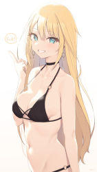 Rule 34 | 1girl, absurdres, bare shoulders, bikini, black bikini, blonde hair, blue eyes, breasts, choker, cloba, collarbone, commentary, earrings, english text, grin, hand up, highres, hololive, hololive english, jewelry, long hair, looking at viewer, middle finger, navel, o-ring, o-ring bikini, profanity, signature, simple background, smile, solo, strap gap, string bikini, swimsuit, symbol-only commentary, very long hair, virtual youtuber, watson amelia