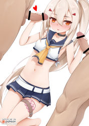 Rule 34 | 1girl, 2boys, artist name, ayanami (azur lane), azur lane, bar censor, belt, blue sailor collar, blue skirt, blush, breasts, censored, choker, collarbone, completely nude, controller, crop top, cum, cum on clothes, dark-skinned male, dark skin, double handjob, dutch angle, english text, erection, facial, group sex, hair ornament, hairclip, handjob, hands up, heart, hetero, high ponytail, highres, kneeling, long hair, looking at viewer, microskirt, midriff, miniskirt, mmf threesome, multiple boys, navel, navel piercing, neckerchief, nude, object insertion, open mouth, orange eyes, patreon logo, patreon username, penis, penis grab, piercing, platinum blonde hair, pleated skirt, ponytail, precum, pussy juice, remote control, remote control vibrator, sailor collar, sex toy, shirt, simple background, skirt, sleeveless, sleeveless shirt, small breasts, smile, spoken heart, standing, testicles, text focus, thigh strap, threesome, tied shirt, vaginal, vaginal object insertion, vahn yourdoom, veins, veiny penis, vibrator, vibrator cord, watermark, web address, white background, white belt, white shirt, yellow neckerchief