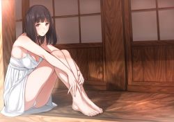 Rule 34 | 1girl, bare shoulders, blush, breasts, brown eyes, brown hair, cleavage, dress, knees up, long hair, looking at viewer, mole, mole under mouth, original, panties, pantyshot, porch, sitting, solo, tsukino wagamo, underwear, white dress, white panties