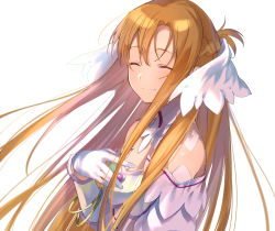 Rule 34 | 1girl, armor, asuna (sao), bare shoulders, blush, braid, breasts, brown eyes, brown hair, closed eyes, closed mouth, collarbone, commentary request, detached sleeves, dress, floating hair, from side, gloves, highres, long hair, long sleeves, looking at viewer, noro (ro no), simple background, smile, solo, sword art online, sword art online: alicization, upper body, very long hair, white armor, white background, white dress, white gloves