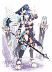 Rule 34 | 1girl, akiyama nenehisa, armor, blue hair, boots, breasts, elbow gloves, female focus, full body, gauntlets, gloves, pointy ears, ponytail, solo, sword, tartaros online, thighhighs, weapon, white background, wings