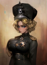 Rule 34 | aiguillette, blonde hair, blue eyes, breasts, collar, cross, epaulettes, filemonte, fur hat, hat, highres, iron cross, large breasts, looking at viewer, medal, original, short hair, signature, soldier, tight clothes, ushanka, world war i