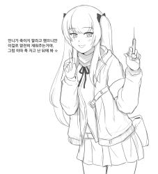Rule 34 | 1girl, bow, fingerless gloves, girls&#039; frontline, gloves, greyscale, hair bow, hood, hooded jacket, jacket, long hair, long sleeves, looking at viewer, monochrome, open clothes, open jacket, scar, scar across eye, scar on face, scarf, selby, skirt, solo, star (symbol), syringe, translation request, twintails, ump9 (girls&#039; frontline)