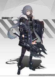 Rule 34 | 1girl, android, axe, belt, belt buckle, boots, buckle, commentary, dramz, english commentary, english text, full body, gloves, grey hair, highres, holding, holding axe, holding shield, jacket, knee pads, long hair, original, bulletproof vest, pouch, shadow, shield, skirt, solo, standing, thighhighs, zettai ryouiki