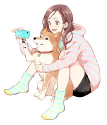 Rule 34 | 1girl, :d, bad id, bad pixiv id, between legs, black shorts, boots, brown eyes, brown hair, cellphone, collar, dog, forehead, full body, holding, holding phone, hood, hooded sweater, long sleeves, open mouth, original, paw print, paw print pattern, pet, phone, red collar, selfie, shiba inu, short shorts, shorts, sitting, smile, striped clothes, striped legwear, striped sweater, sweater, taking picture, white background, yuu (warm water)