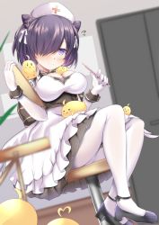 Rule 34 | 1girl, absurdres, apron, azur lane, blush, breasts, cleavage, clipboard, commentary request, dress, frilled dress, frills, frown, full body, gloves, hair over one eye, hands up, hat, high heels, highres, holding, holding clipboard, indoors, jervis (azur lane), large breasts, legs up, looking at viewer, manatu kato, manjuu (azur lane), medium hair, nurse, nurse cap, on stool, pantyhose, purple eyes, purple hair, sitting, solo, thermometer, two-tone dress, waist apron, wavy mouth, white apron, white gloves, white pantyhose