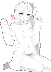 Rule 34 | 1girl, absurdres, blue archive, blush, bow, bow panties, breasts, collarbone, collared shirt, commentary request, dress shirt, grin, hands up, heart, highres, long hair, long sleeves, looking at viewer, monochrome, moyoron, mutsuki (blue archive), navel, no bra, no shoes, open clothes, open shirt, panties, shirt, side ponytail, simple background, sitting, sleeves past wrists, small breasts, smile, socks, solo, spot color, underwear, very long hair, wariza, white background