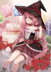 Rule 34 | 1boy, :p, black gloves, blush, cake, candle, candy, crossdressing, dress, food, gloves, green eyes, hanabusa kokoro, hat, hirayama ityu, i-chu, lollipop, long hair, male focus, open mouth, pink hair, smile, solo, tongue, tongue out, trap, very long hair, witch hat