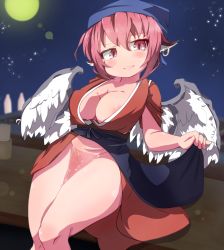 Rule 34 | 1girl, animal ears, apron, areola slip, bad anatomy, belly, bird ears, bird wings, black apron, blush, breasts, brown kimono, closed mouth, collarbone, earrings, eque stris, feathered wings, feet out of frame, hair between eyes, head scarf, highres, japanese clothes, jewelry, kimono, large breasts, mystia lorelei, pink eyes, pink hair, plump, short hair, single earring, smile, solo, touhou, wakamezake, white wings, wings