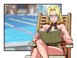 Rule 34 | 1girl, blonde hair, blue eyes, blush, book, chair, crossed legs, earrings, female focus, fire emblem, fire emblem: the sacred stones, fire emblem heroes, glasses, holding, holding book, jewelry, looking at viewer, medium hair, mnejing30, nintendo, official alternate costume, one-piece swimsuit, parted bangs, pool, poolside, reading, selena (fire emblem: the sacred stones), selena (summer) (fire emblem: the sacred stones), sitting, solo, swimsuit