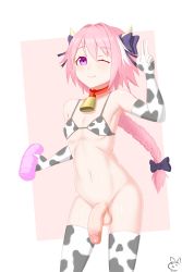 Rule 34 | 1boy, ;), animal print, astolfo (fate), bell, bikini, braid, cow print, cowbell, elbow gloves, fate/grand order, fate (series), gloves, highres, large penis, male focus, one eye closed, penis, pink hair, purple eyes, smile, solo, swimsuit, testicles, thighhighs, trap, uncensored