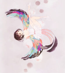 Rule 34 | 1girl, :o, back cutout, ballerina, ballet slippers, bare legs, black hair, bob cut, clothing cutout, commentary request, dots, dress, exif rotation, feathered wings, floating, frilled dress, frills, full body, legs, looking at viewer, looking back, multicolored wings, open mouth, original, pink background, short hair, solo, umou, white dress, white footwear, wings