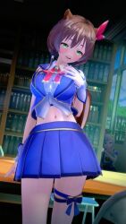 Rule 34 | 1girl, 3d, animal ears, artist request, ayunda risu, blush, book, breasts, brown hair, cosplay, green eyes, hand on own chest, hololive, hololive indonesia, large breasts, library, nails, skirt, smile, tail, tokino sora, tokino sora (1st costume), virtual youtuber