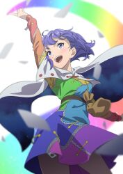 Rule 34 | 1girl, blue eyes, blue hair, cape, capelet, cloak, floating cape, floating hair, gyouza (mhea5724), highres, impossible clothes, multicolored clothes, patchwork clothes, pointing, pointing up, rainbow gradient, sky print, smile, solo, tenkyuu chimata, touhou, two-sided cape, two-sided fabric, white capelet, white cloak, zipper