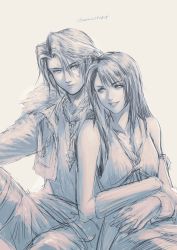 Rule 34 | 1boy, 1girl, arm around waist, arm warmers, bare shoulders, breasts, cardigan, chain, chain necklace, couple, cowboy shot, cropped jacket, final fantasy, final fantasy viii, fur collar, hair between eyes, hetero, highres, holding hands, jewelry, long hair, long sleeves, medium breasts, necklace, noie (neunteedelstein), pants, parted bangs, parted lips, rinoa heartilly, scar, scar on face, scar on forehead, sepia, short hair, sitting, sketch, smile, squall leonhart, thigh strap, twitter username