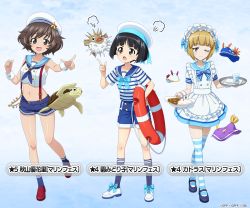 Rule 34 | 3girls, akiyama yukari, blue background, blue sailor collar, character name, closed mouth, commentary request, cutlass (girls und panzer), dress, fish, frilled hairband, frills, frown, girls und panzer, girls und panzer senshadou daisakusen!, hairband, hat, hat ornament, holding, lifebuoy, looking at another, looking at viewer, messy hair, midriff, multiple girls, official alternate costume, official art, one eye closed, open mouth, pointing, pointing at viewer, puff of air, puffer fish, sailor collar, sailor dress, sailor hat, sea slug, shirt, short shorts, shorts, sleeveless, sleeveless shirt, smile, sono midoriko, standing, standing on one leg, star (symbol), star hat ornament, striped clothes, striped shirt, striped thighhighs, suspender shorts, suspenders, swim ring, thighhighs, thighs, translation request, turtle, watermark, white headwear, wrist cuffs
