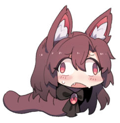 Rule 34 | 1girl, animal ear fluff, animal ears, brooch, brown hair, chibi, cross-eyed, fang, full body, hair between eyes, hair intakes, imaizumi kagerou, jewelry, long hair, lowres, no nose, no pupils, nyong nyong, open mouth, red eyes, simple background, solo, touhou, white background, wolf ears, worm girl, yukkuri shiteitte ne