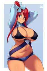 Rule 34 | 1girl, absurdres, adapted costume, alternate breast size, arms up, belly, bikini, bikini top only, blue background, blue eyes, blush, border, breasts, cleavage, covered erect nipples, cowboy shot, creatures (company), curvy, game freak, gym leader, highres, huge breasts, jmg, long hair, looking at viewer, navel, nintendo, one side up, outside border, plump, pokemon, pokemon bw, red hair, shrug (clothing), signature, skyla (pokemon), smile, solo, standing, swimsuit, tan, thighs, underboob, white border