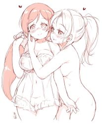 Rule 34 | 2girls, artist name, ayase eli, blush, breast press, breasts, camisole, cleavage, clothed female nude female, completely nude, covering privates, covering crotch, cowboy shot, hair ornament, hair scrunchie, holding hands, hand on another&#039;s cheek, hand on another&#039;s face, hand up, heart, hug, hug from behind, large breasts, lingerie, long hair, looking at another, looking at viewer, love live!, love live! school idol project, medium breasts, monochrome, multiple girls, nipples, nude, ponytail, randou, scrunchie, see-through, smile, sweat, tojo nozomi, twintails, underwear, yuri