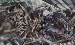 1girl 6+others ak-15 ak-15_(girls&#039;_frontline) android arm_blade assault_rifle battle body_armor broken_glass dried_fish_(bilibili155113) elid_(girls&#039;_frontline) fighting_stance girls&#039;_frontline glass glowing glowing_eyes green_eyes grey_hair gun hair_over_eyes highres kalashnikov_rifle long_hair mask midriff_peek multiple_others red_eyes rifle roller_skates skates teeth weapon