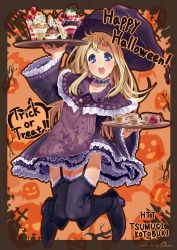 Rule 34 | 10s, 1girl, 2012, :d, alternate costume, animal print, bad id, bad pixiv id, bat print, black thighhighs, blonde hair, blue eyes, blush, boots, capelet, character name, cup, dated, garter straps, halloween, happy halloween, hat, highres, jack-o&#039;-lantern, k-on!, kotobuki tsumugi, kurinton, lace, lace-trimmed legwear, lace trim, long hair, omaru gyuunyuu, open mouth, parfait, patterned legwear, print thighhighs, round teeth, smile, solo, teacup, teeth, thighhighs, tombstone, tray, trick or treat, witch hat