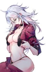Rule 34 | 1girl, black bra, blue eyes, bra, breasts, cleavage, front-hook bra, highres, imoko (imonatsuki), jacket, judith (unlight), jumpsuit, long hair, medium breasts, navel piercing, open bra, open clothes, open jacket, parted lips, piercing, silver hair, simple background, sitting, sketch, sleeves rolled up, solo, thighs, underwear, undone bra, unlight, white background