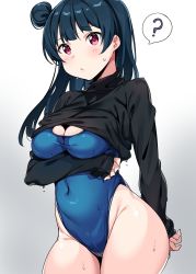 Rule 34 | ?, blue hair, blue one-piece swimsuit, breast hold, breasts, cleavage, clothes lift, commentary, covered navel, cowboy shot, gradient background, hair bun, highleg, highleg swimsuit, highres, impossible clothes, impossible swimsuit, large breasts, long hair, long sleeves, love live!, love live! sunshine!!, one-piece swimsuit, pink eyes, side bun, single side bun, sleeves past wrists, solo, spoken question mark, sweater, sweater lift, swimsuit, swimsuit under clothes, symbol-only commentary, tem10, thighs, tsushima yoshiko, turtleneck, turtleneck sweater, wet