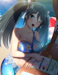 Rule 34 | 10s, 1girl, ayagi daifuku, beach, bikini, blue bikini, blue eyes, blue hair, breasts, cleavage, collarbone, day, floral print, isuzu (kancolle), kantai collection, large breasts, long hair, navel, ocean, one eye closed, open mouth, smile, solo, stomach, swimsuit, twintails