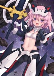 Rule 34 | 1girl, :d, alice gear aegis, bandeau, black gloves, commentary request, gloves, hair between eyes, highres, hirasaka yotsuyu, holding, holding sword, holding weapon, looking at viewer, navel, open mouth, pink hair, purple eyes, smile, solo, space, sparkle, sword, weapon, yoineya