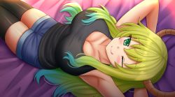 Rule 34 | 1girl, ;q, arms behind head, arms up, bare arms, bare shoulders, bed sheet, black tank top, black thighhighs, blonde hair, blue shorts, blush, breasts, cleavage, closed mouth, collarbone, commentary, dragon horns, gradient hair, green eyes, green hair, hair between eyes, highres, horns, kazenokaze, kobayashi-san chi no maidragon, large breasts, lucoa (maidragon), lying, multicolored hair, on back, one eye closed, short shorts, shorts, smile, solo, tank top, thighhighs, tongue, tongue out