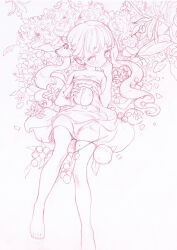 Rule 34 | 1girl, absurdres, bare shoulders, barefoot, blush, dress, flat chest, flower, food, fruit, hair ornament, hand to own mouth, highres, holding, holding food, holding fruit, kaede (shijie heping), long hair, looking at viewer, lying, monochrome, on back, original, peach, petals, sketch, solo, strapless, strapless dress, toes, traditional media, twintails