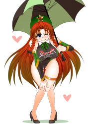 Rule 34 | 1girl, alternate costume, black leotard, blush, braid, breasts, clothes writing, female focus, full body, hat, heart, high heels, highleg, highleg leotard, hong meiling, large breasts, leaning forward, leotard, long hair, mabuchoco m, one eye closed, race queen, red hair, shoes, simple background, smile, solo, star (symbol), swimsuit, touhou, twin braids, umbrella, white background, wink