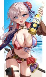 Rule 34 | 1girl, alcohol, asymmetrical bikini, asymmetrical clothes, asymmetrical jacket, beer, bikini, blue eyes, blue sky, blush, breasts, corona (brand), fate/grand order, fate (series), highres, holding glass bottle, large breasts, medium breasts, miyamoto musashi (fate), miyamoto musashi (swimsuit berserker) (fate), miyamoto musashi (swimsuit berserker) (second ascension) (fate), ocean, open mouth, pink hair, revealing clothes, sand, shenqi xiao hong zai nali, sky, solo, swimsuit, sword, water, weapon