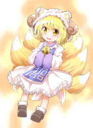 Rule 34 | 1girl, absurdres, bell, blonde hair, fox tail, hat, highres, hiro (pqtks113), horns, looking at viewer, multiple tails, sheep horns, short hair, smile, solo, tail, touhou, yakumo ran, yellow eyes