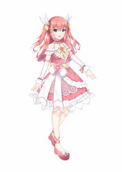 Rule 34 | 1girl, :d, bare shoulders, blue eyes, blush, bow, chihong de tianshi, commentary request, detached sleeves, dress, frilled dress, frills, full body, hair between eyes, highres, long hair, long sleeves, looking at viewer, off-shoulder dress, off shoulder, open mouth, original, red dress, red footwear, red hair, shoes, simple background, sleeves past wrists, smile, solo, standing, standing on one leg, teeth, two side up, upper teeth only, very long hair, white background, white bow, white sleeves, wing hair ornament, yellow bow