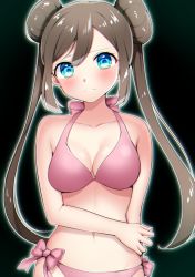 Rule 34 | 1girl, absurdres, alternate color, bad id, bad pixiv id, bikini, black background, blue eyes, blush, bow, breasts, brown hair, cleavage, collarbone, creatures (company), game freak, hair between eyes, head tilt, highres, long hair, looking at viewer, medium breasts, navel, nintendo, pink bikini, pink bow, pokemon, pokemon bw2, rosa (pokemon), solo, standing, swimsuit, twintails, very long hair, yuihico
