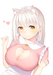 Rule 34 | 1girl, animal ear fluff, animal ears, apron, breasts, cat ears, cleavage, cleavage cutout, closed mouth, clothing cutout, collared shirt, eyebrows hidden by hair, frilled apron, frills, hands up, heart, highres, karin (fineyanny), large breasts, long hair, original, pink shirt, puffy short sleeves, puffy sleeves, shirt, short sleeves, silver hair, simple background, smile, solo, white apron, white background, yellow eyes, yellow neckwear