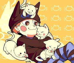 Rule 34 | 1boy, :3, animal, animal on head, animal on lap, artist name, beanie, black eyes, black hat, black jacket, black sleeves, blue pants, blue shirt, blush stickers, cat, cat on head, cat on lap, closed mouth, collared jacket, commentary, danganronpa (series), danganronpa v3: killing harmony, english commentary, feet out of frame, half-closed eye, hat, holding, holding animal, holding cat, horned hat, hoshi ryoma, jacket, knee up, leather, leather jacket, loiodg, long sleeves, looking at another, lying, on back, on head, on lap, orange hair, pants, patterned background, shirt, short hair, simple background, smile, solo, striped clothes, striped pants, yellow background