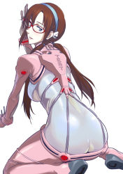 Rule 34 | 1girl, :d, all fours, ass, blue eyes, blush, bodysuit, bracer, breasts, brown hair, butt crack, choobackers32, clothes writing, from behind, glasses, gloves, hair over shoulder, hairband, hand up, leaning forward, long hair, looking at viewer, looking back, low twintails, makinami mari illustrious, medium breasts, neon genesis evangelion, open mouth, plugsuit, rebuild of evangelion, red-framed eyewear, see-through, skin tight, smile, solo, test plugsuit, twintails, waving