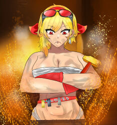 Rule 34 | 1girl, bandaged breasts, bandaged chest, bell, blacksmith, blonde hair, breasts, chest sarashi, crossed arms, dirty, dirty face, earrings, eddarxart, focused, forging, frown, gloves, goggles, goggles on head, goggles on headwear, hair ribbon, hammer, headband, highleg, highleg panties, highres, hololive, hololive indonesia, jewelry, kaela kovalskia, large breasts, looking down, midriff, navel, oiled, panties, red eyes, red gloves, red goggles, red headband, red headwear, ribbon, sarashi, smudge, sparks, sweat, nervous sweating, toned, toned body, toned female, underwear, virtual youtuber, working, wrapped up, wrapping